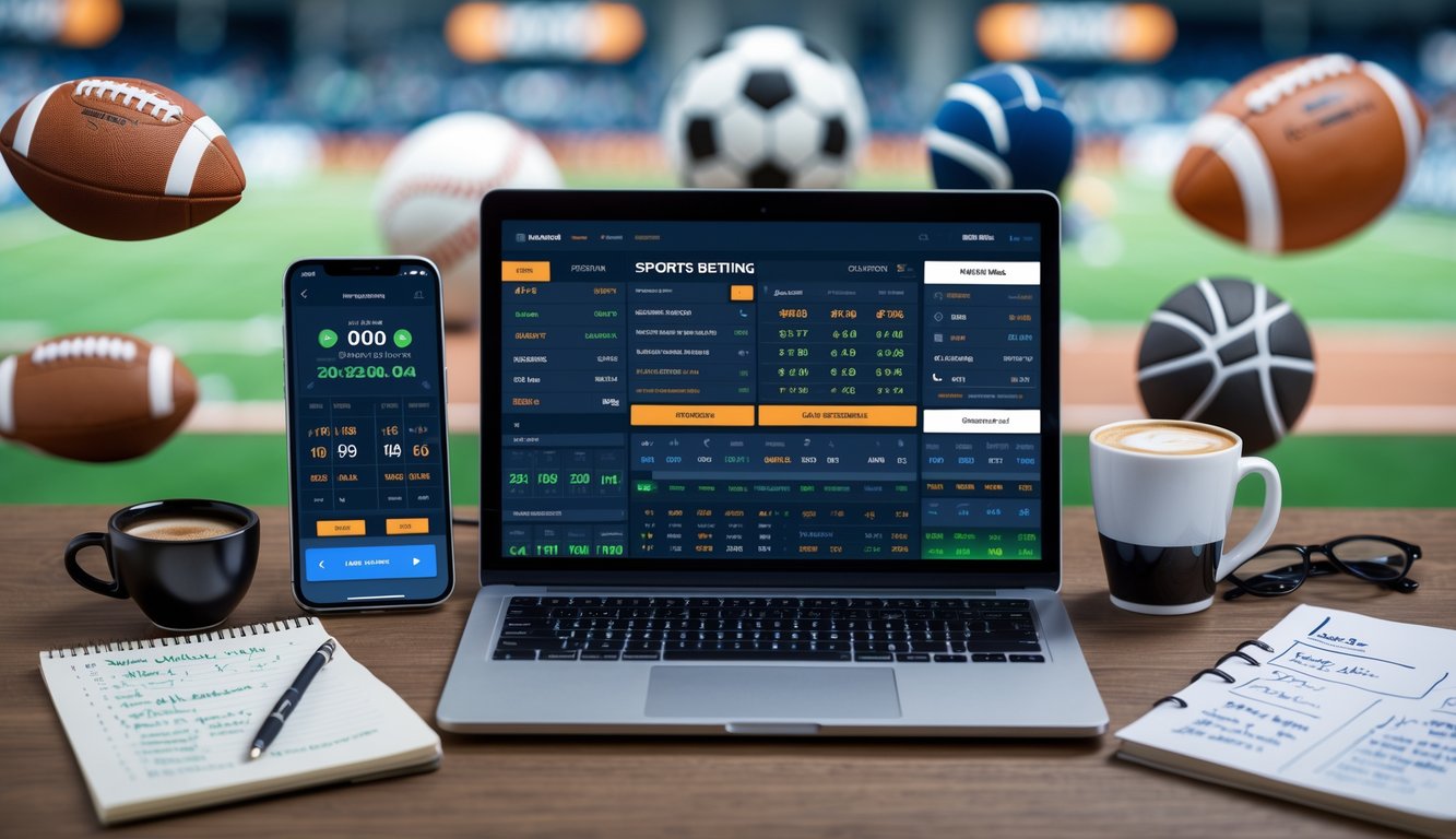 Meja kerja dengan laptop menampilkan statistik olahraga, ponsel dengan aplikasi taruhan langsung, dan alat tulis, dikelilingi oleh gambar olahraga populer yang samar.