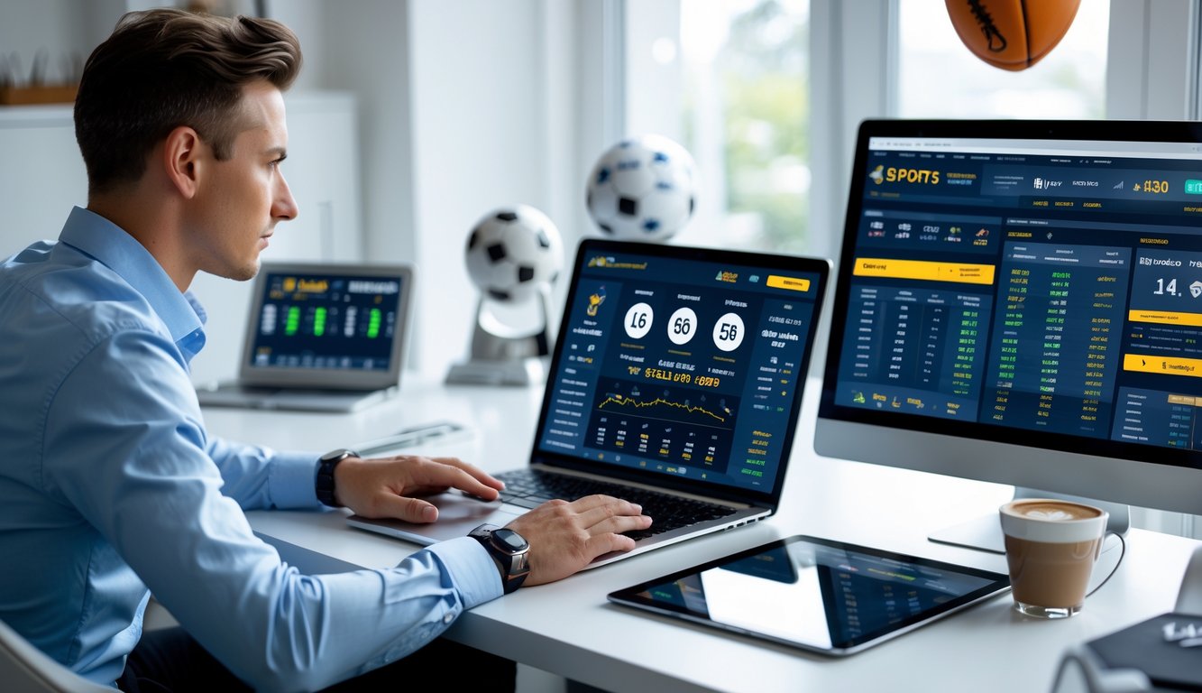 Seseorang duduk di meja kerja dengan beberapa perangkat digital menampilkan situs taruhan olahraga dan statistik, sedang menganalisis data dengan fokus.