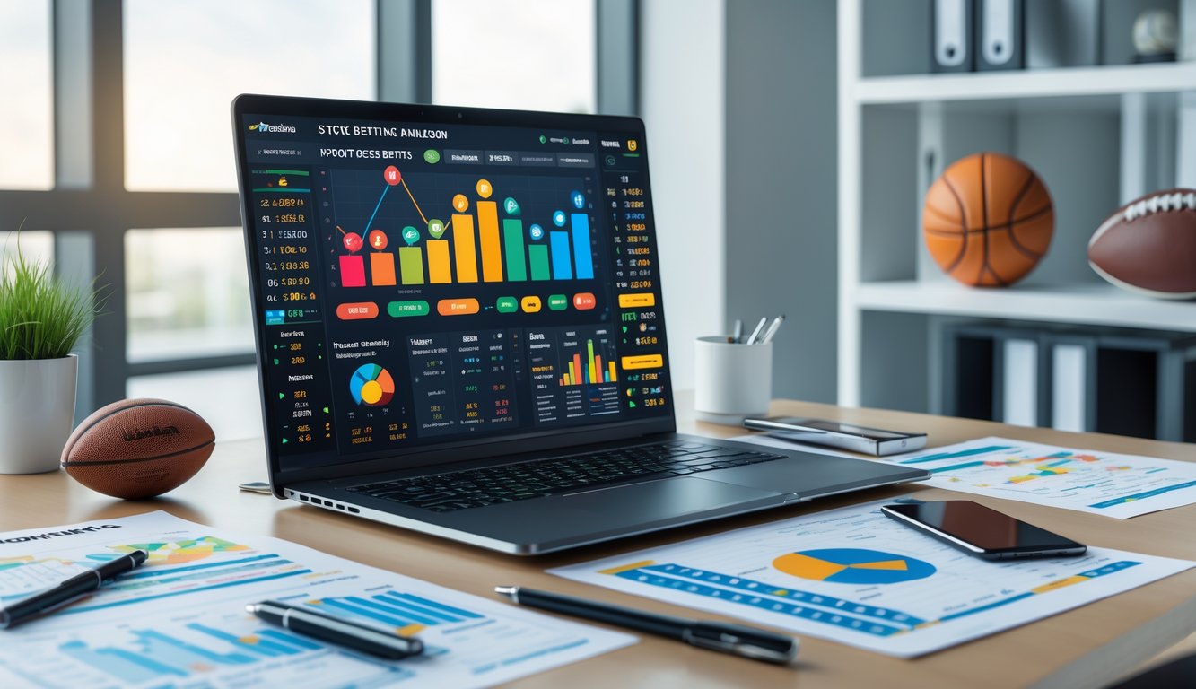 Seorang pria duduk di depan laptop dengan grafik dan data taruhan olahraga di layar, di meja terdapat ponsel dan dokumen, latar belakang kantor terang dengan jendela besar dan perlengkapan olahraga di rak.
