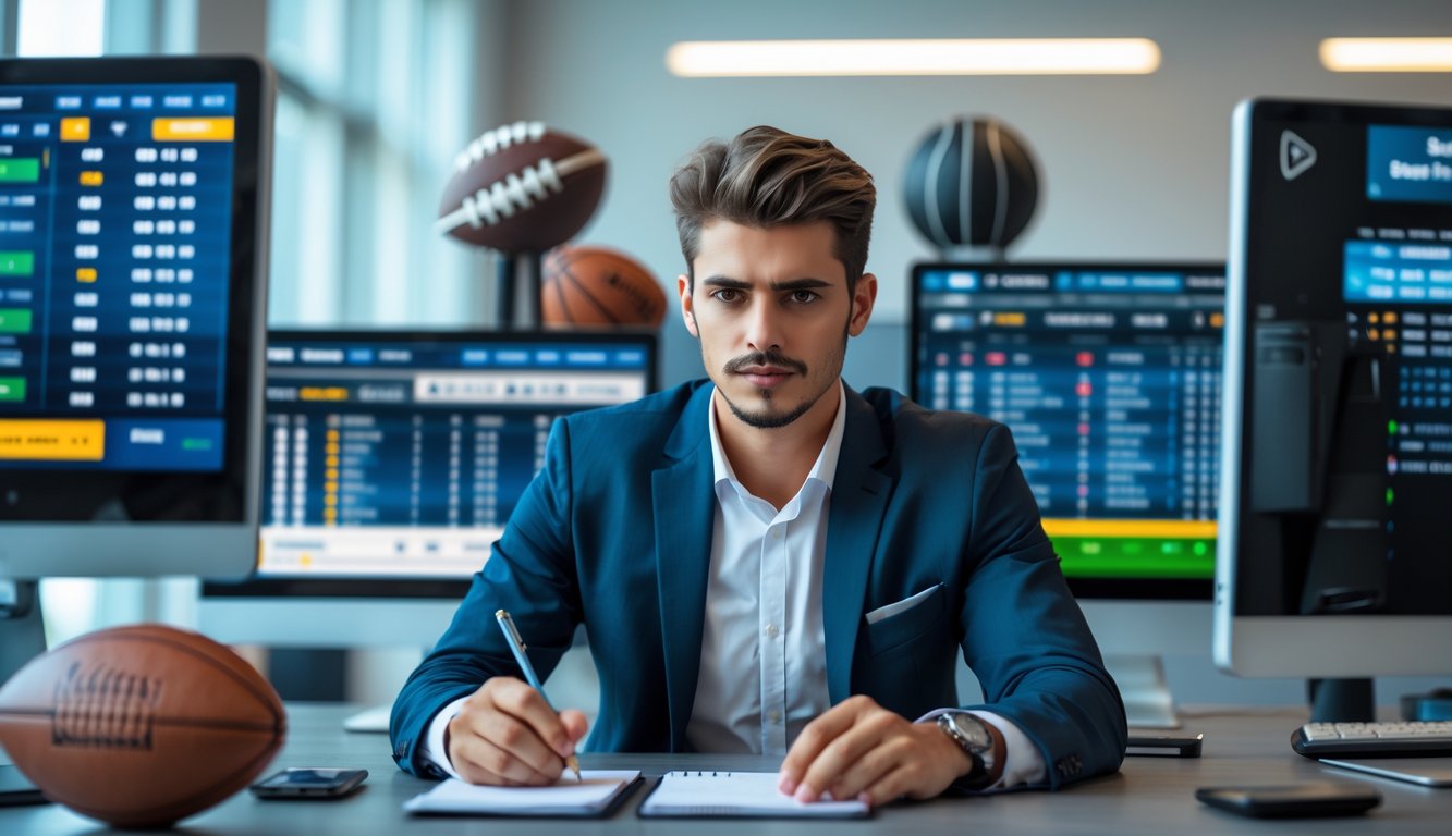 Seorang pria muda duduk di meja dengan beberapa layar komputer menampilkan berbagai acara olahraga dan peluang taruhan, sedang fokus menganalisis data di kantor modern.