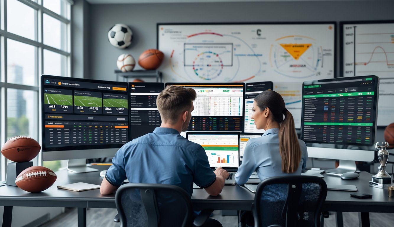 Dua orang duduk di meja dengan beberapa layar komputer yang menampilkan acara olahraga dan peluang taruhan, tampak fokus menganalisis data taruhan olahraga.