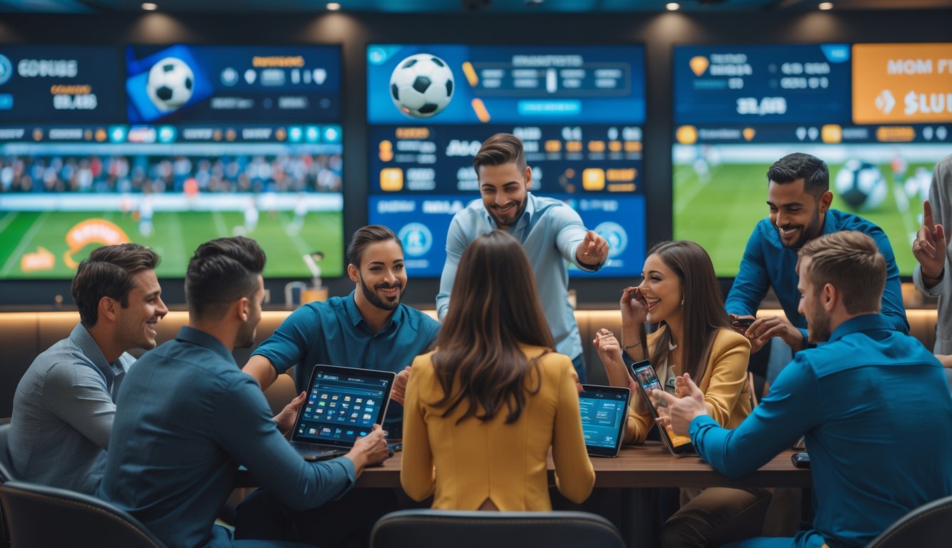 Beberapa orang dari berbagai latar belakang sedang memasang taruhan olahraga di layar digital dalam suasana yang ramai dan penuh semangat.