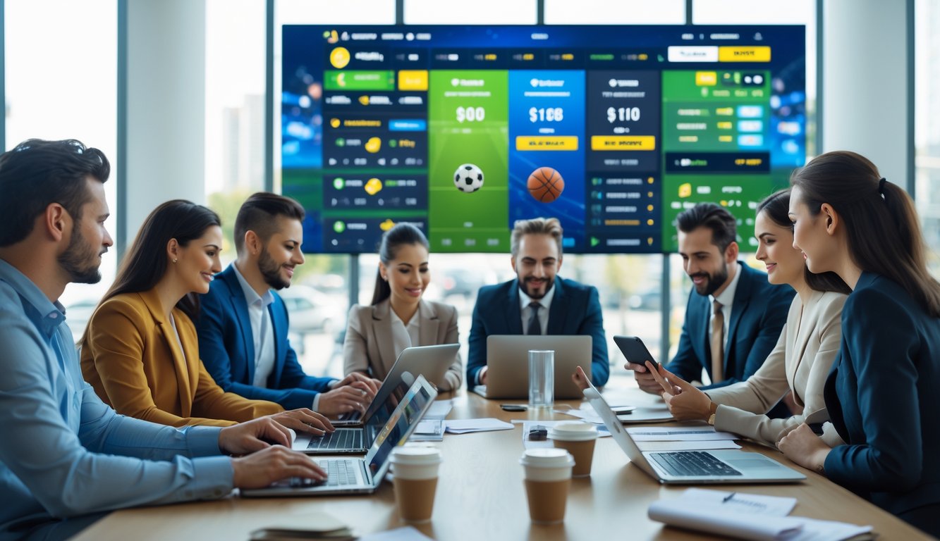 Beberapa orang sedang menggunakan perangkat digital untuk melihat pilihan taruhan olahraga dengan layar besar menampilkan berbagai acara olahraga dan grafik peluang.
