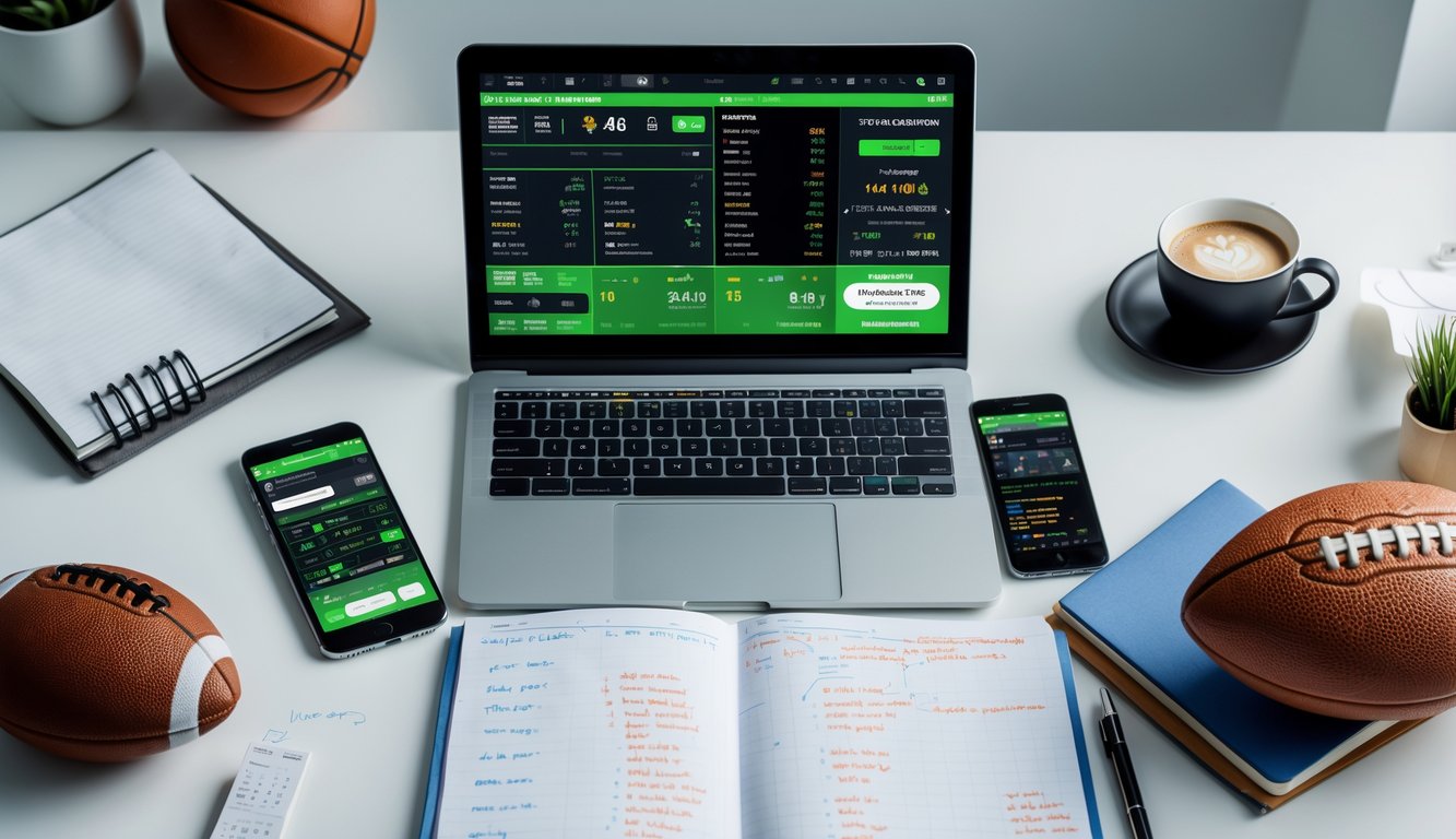 Meja kerja dengan laptop, ponsel, dan catatan yang menampilkan data dan strategi taruhan olahraga.