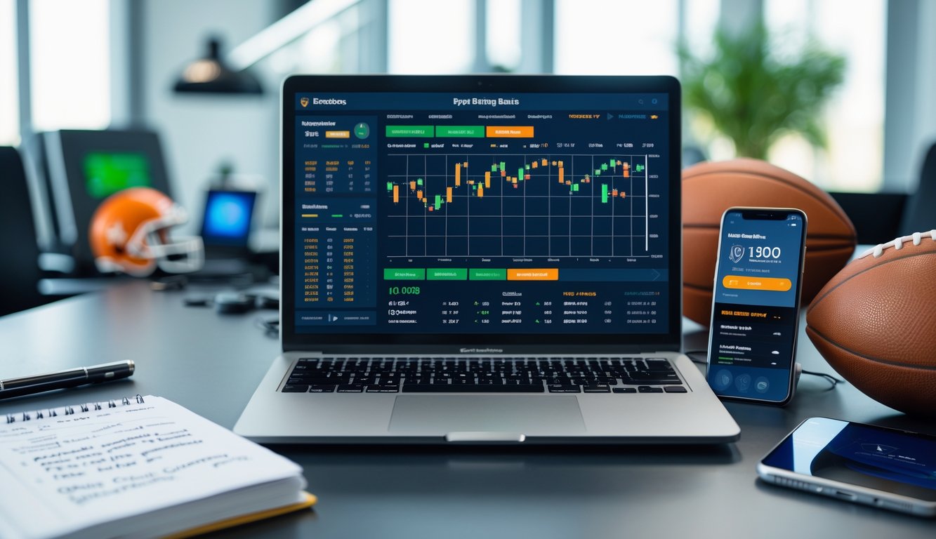 Meja kerja modern dengan laptop, ponsel menampilkan pertandingan olahraga, dan buku catatan berisi tips taruhan olahraga.