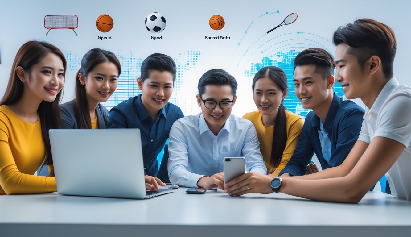Sekelompok orang muda menggunakan laptop dan ponsel untuk taruhan olahraga online di suasana yang cerah dan aman.