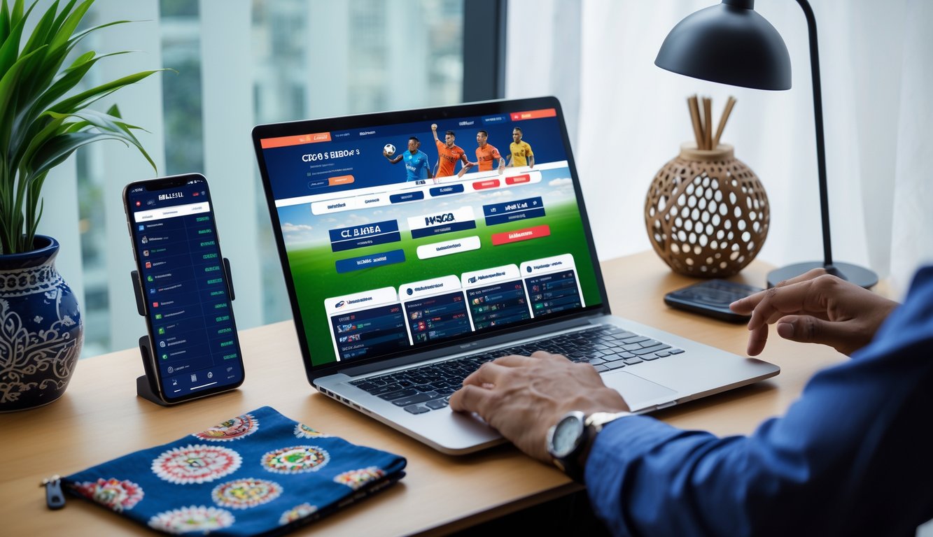 Seseorang menggunakan laptop dan ponsel untuk taruhan olahraga online dengan latar belakang elemen budaya Indonesia.