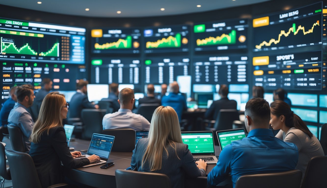 Sekelompok orang dewasa sedang fokus menganalisis data taruhan olahraga di layar digital dalam ruangan modern.