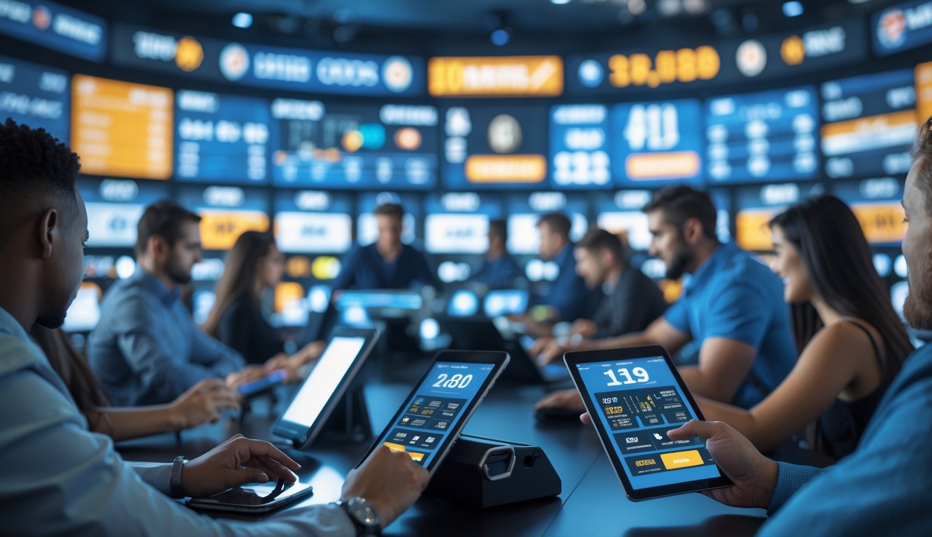 Orang-orang menggunakan perangkat digital untuk bertaruh pada berbagai acara olahraga dengan layar besar menampilkan pertandingan dan informasi taruhan di latar belakang.