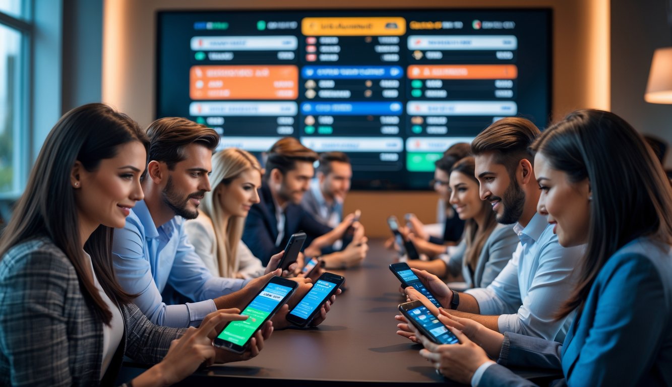 Beberapa orang sedang menggunakan perangkat digital untuk melihat peluang taruhan olahraga di sebuah ruang modern.