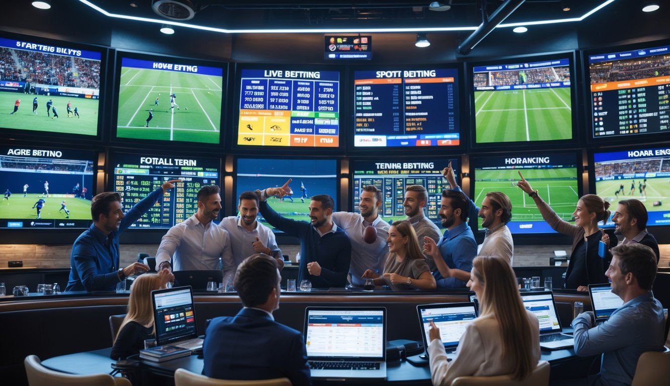 Sekelompok orang di ruang taruhan olahraga modern dengan layar besar menampilkan berbagai pertandingan olahraga populer.