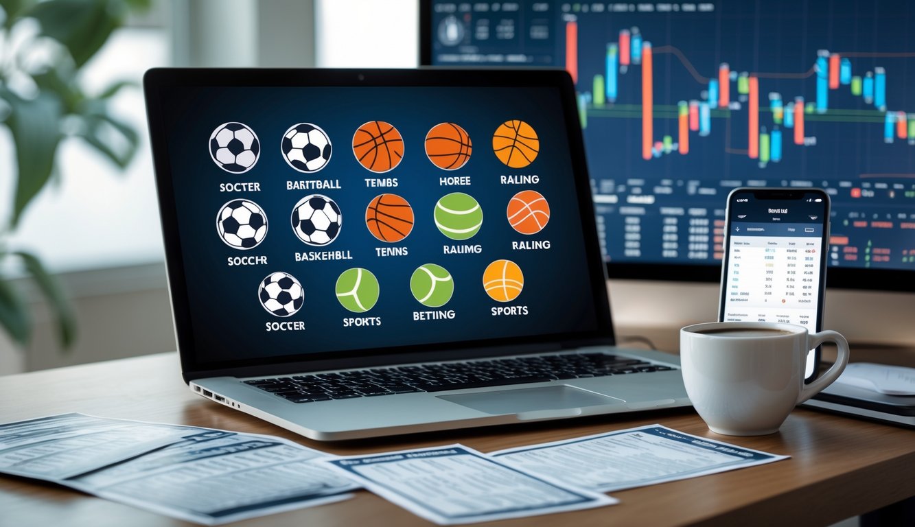 Meja kerja dengan laptop, slip taruhan, ponsel menampilkan peluang langsung, dan layar digital dengan grafik olahraga.