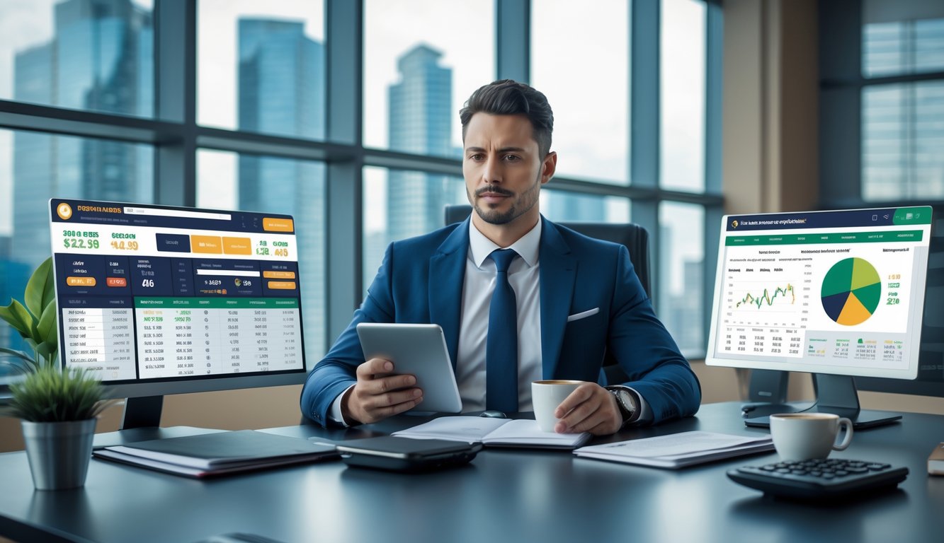 Seorang pria profesional di kantor modern sedang menganalisis strategi taruhan olahraga dengan perangkat digital dan grafik statistik.