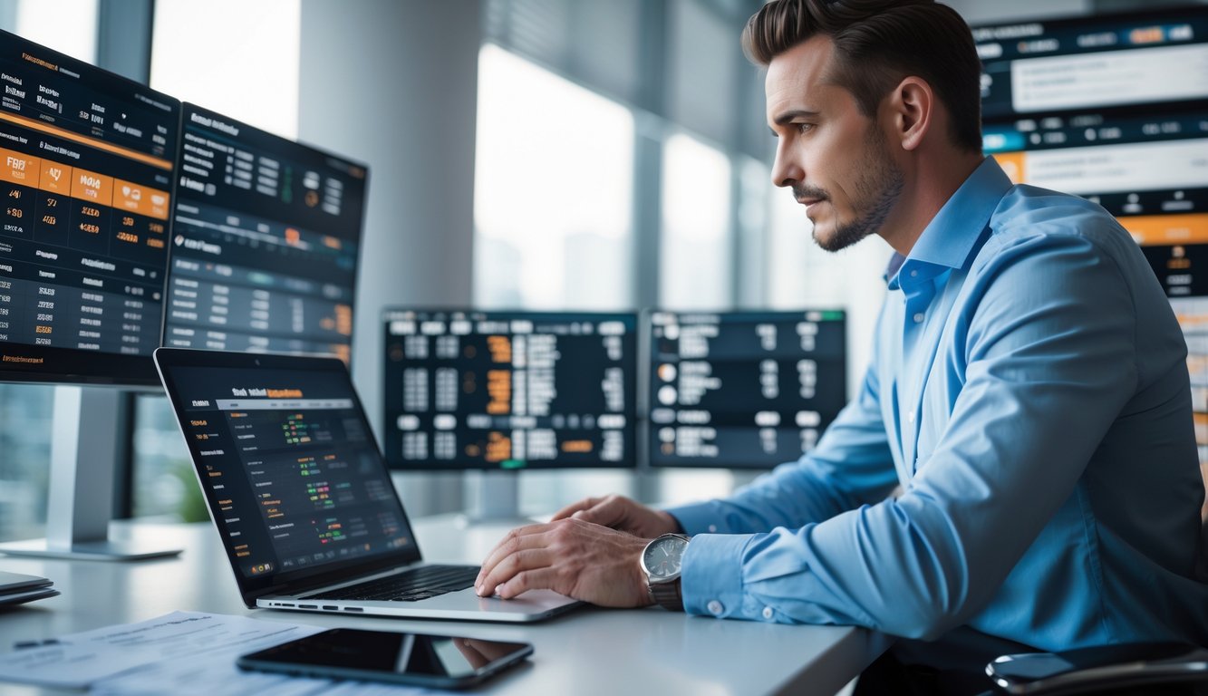 Seorang profesional sedang menganalisis data taruhan olahraga di depan beberapa layar komputer di ruang kerja modern.