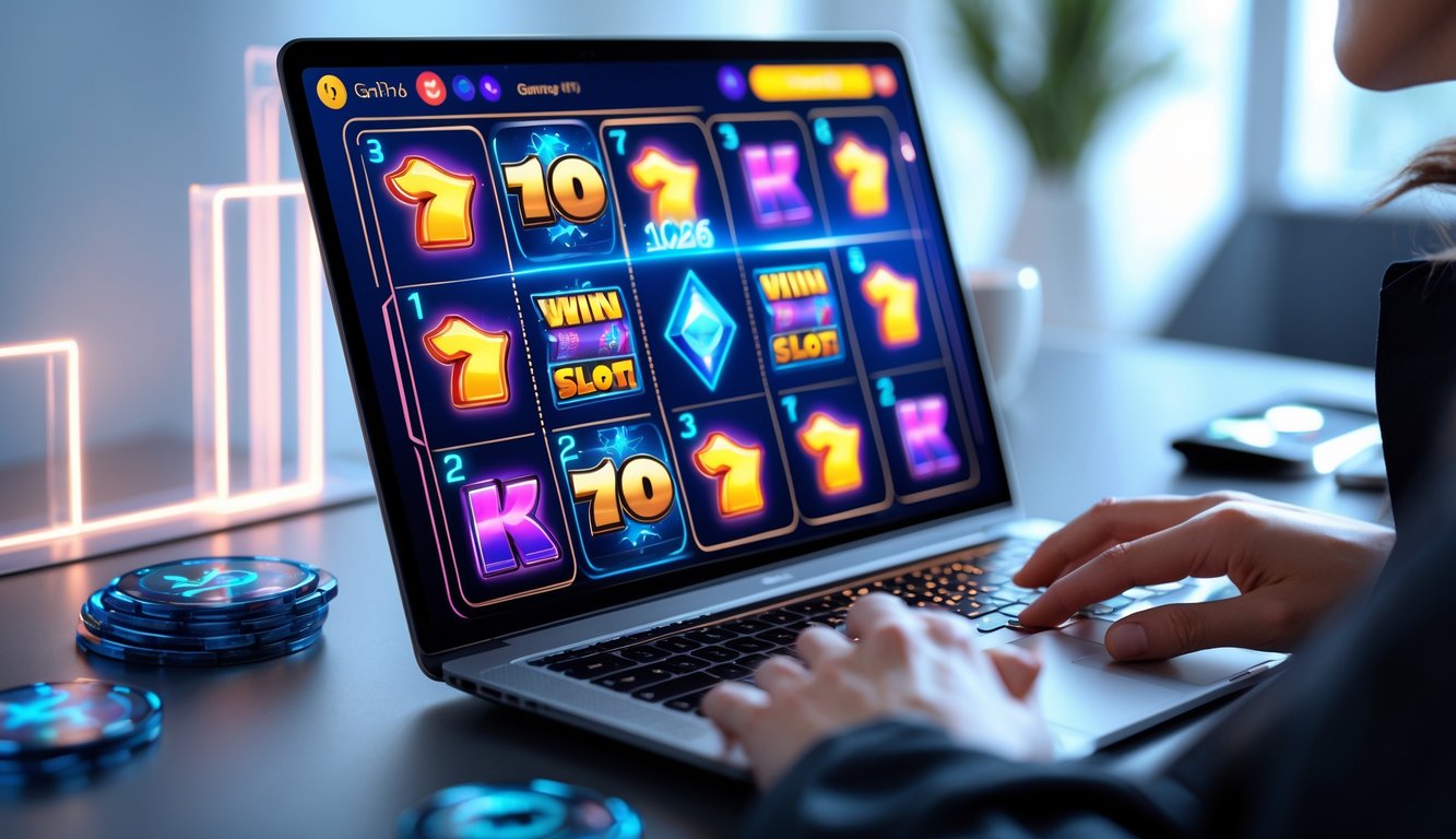Seorang pemain sedang menggunakan komputer dengan layar menampilkan permainan slot online berwarna-warni di ruang kerja yang terang dan modern.