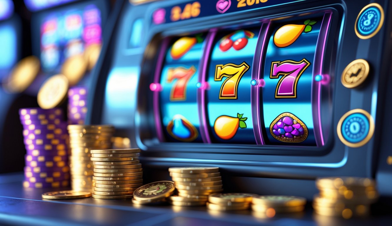 Layar komputer menampilkan mesin slot digital dengan gulungan berwarna cerah dan tumpukan chip kasino serta koin emas di sekitarnya.