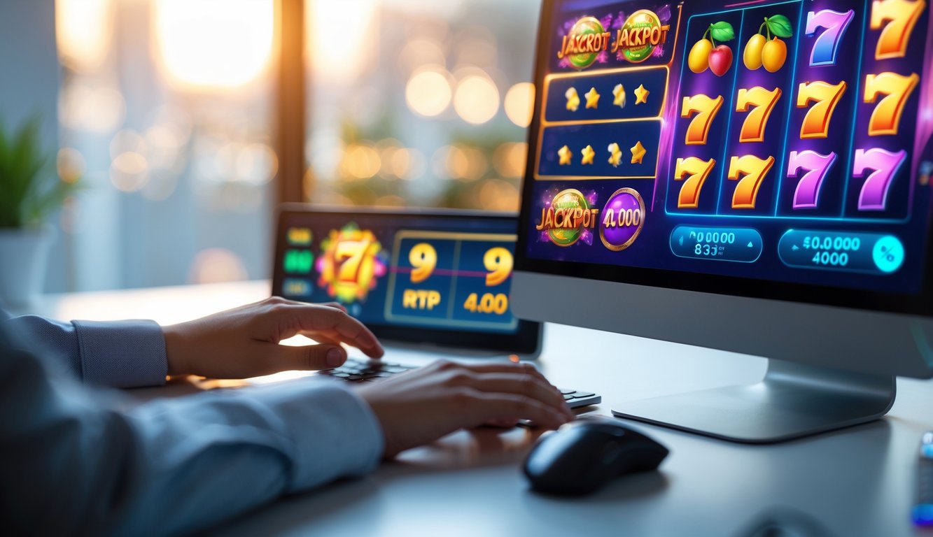 Seseorang menggunakan komputer dengan permainan slot online berwarna-warni di layar, menampilkan simbol-simbol jackpot dan grafik progresif.