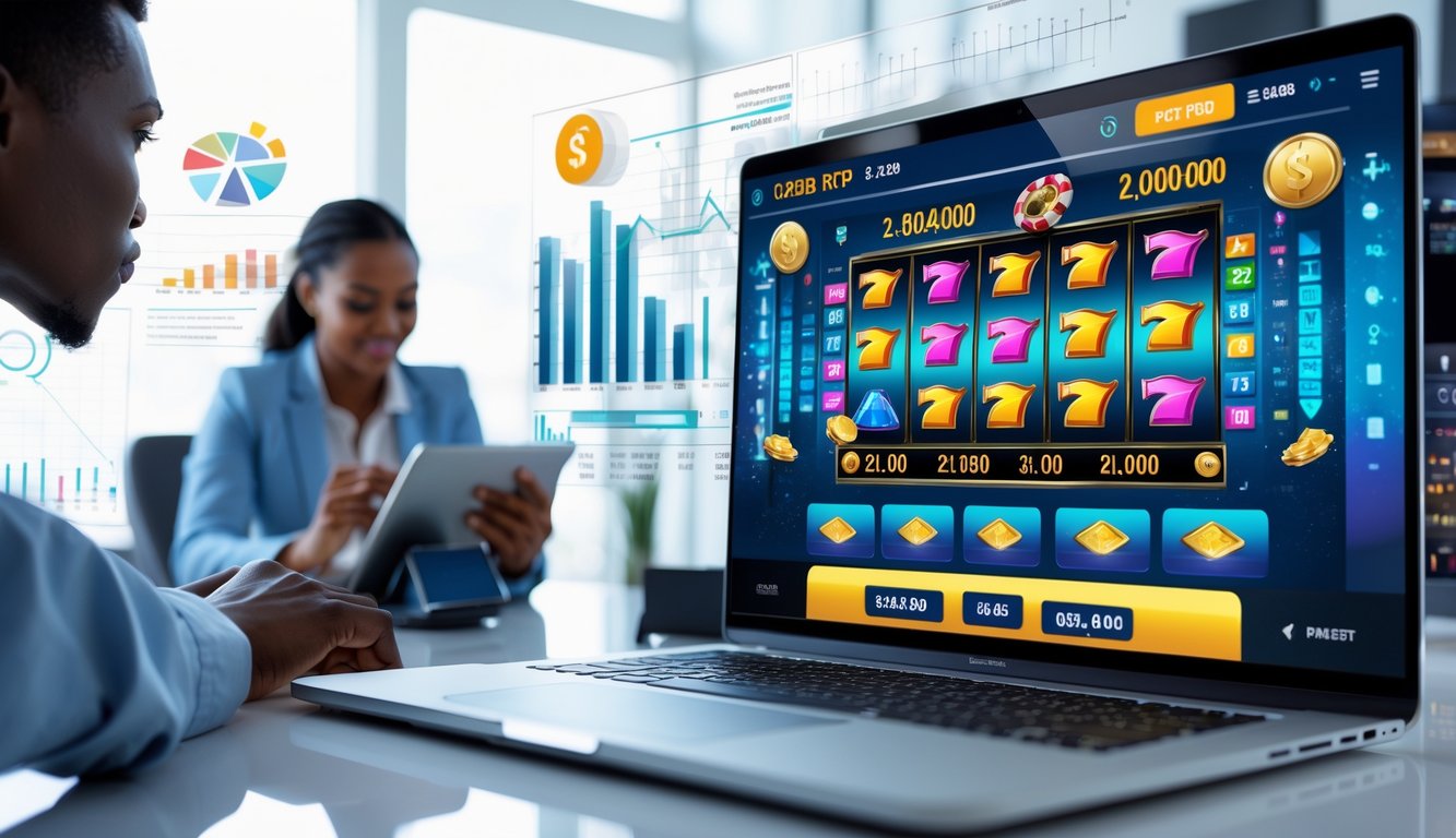 Seseorang sedang menggunakan komputer dengan tampilan permainan slot online berwarna-warni dan grafik keuangan di sekitarnya.