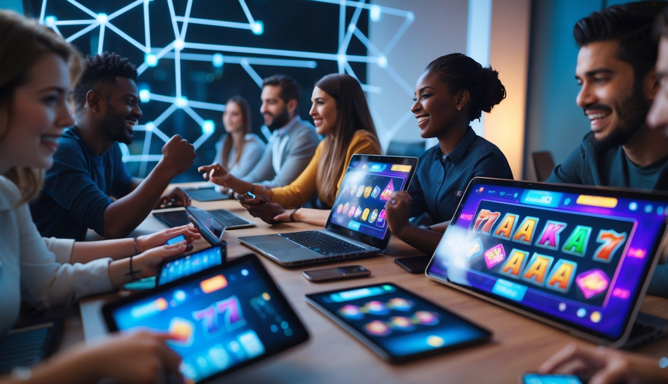 Sekelompok orang dari berbagai usia menggunakan perangkat elektronik untuk bermain permainan slot online di ruangan terang.