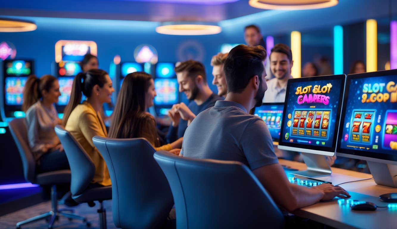 Beberapa orang bermain permainan slot online di komputer dan ponsel dalam ruangan modern yang terang.