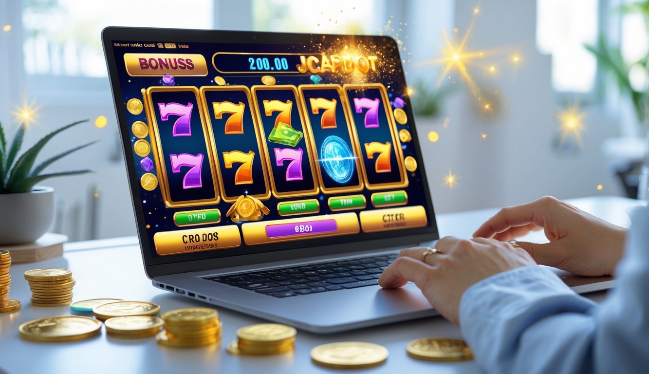 Seseorang sedang bermain permainan slot online di laptop dengan tampilan layar penuh simbol warna-warni dan meter jackpot yang menyala di ruang kerja rumah yang terang.