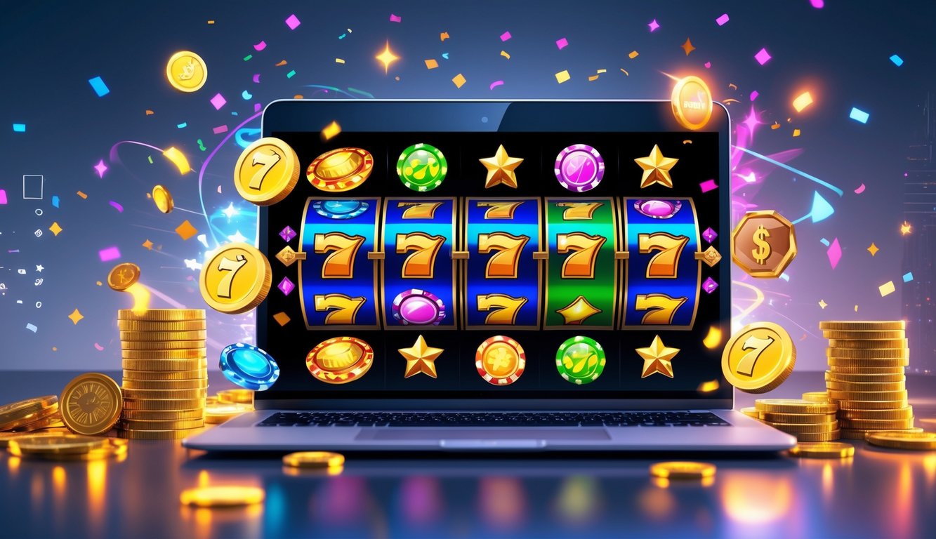 Layar komputer menampilkan permainan mesin slot online dengan simbol warna-warni dan koin bersinar di sekitarnya.
