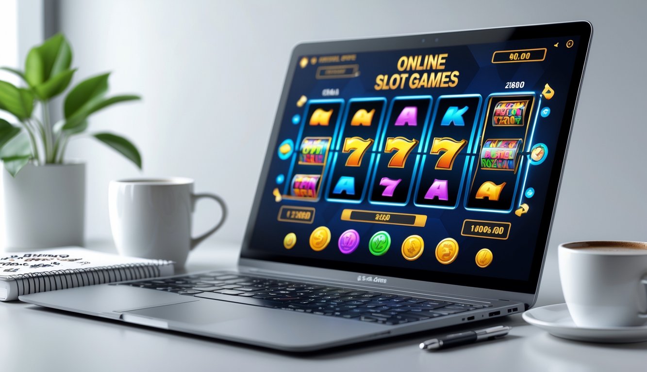 Seorang pemain sedang menggunakan komputer dengan tampilan permainan slot online berwarna-warni, dikelilingi oleh catatan dan alat tulis di meja yang rapi.