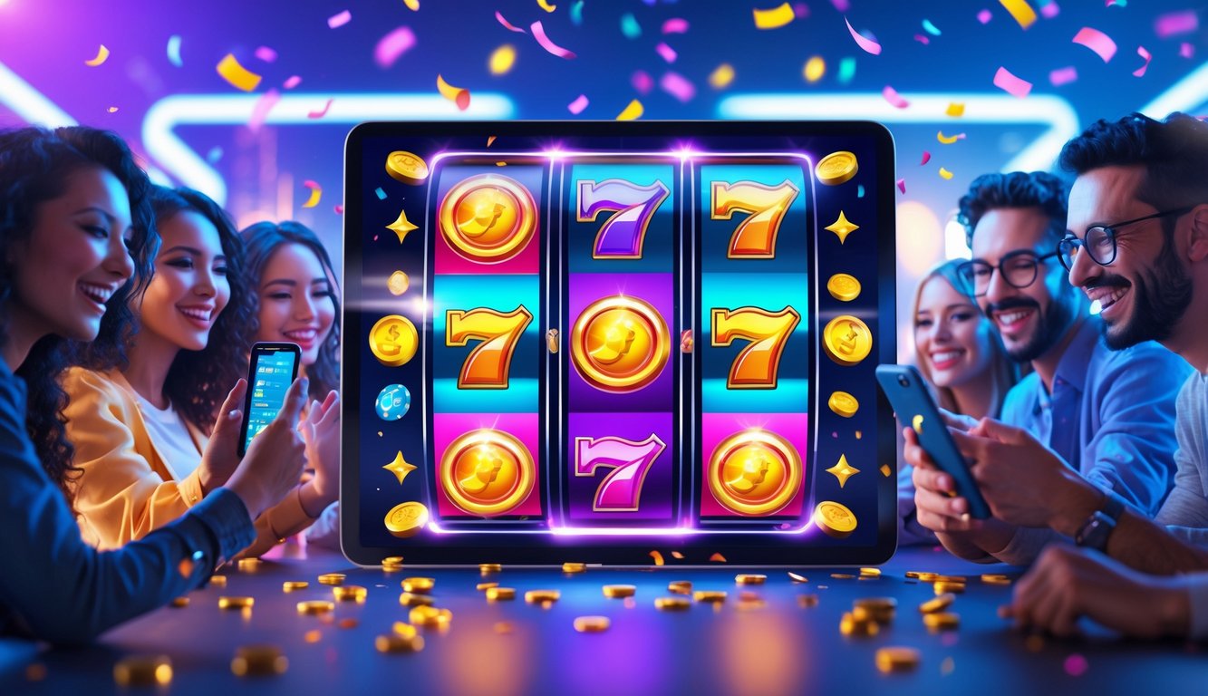 Adegan mesin slot digital berwarna-warni dengan simbol berputar dan pemain yang senang bermain di perangkat mereka.
