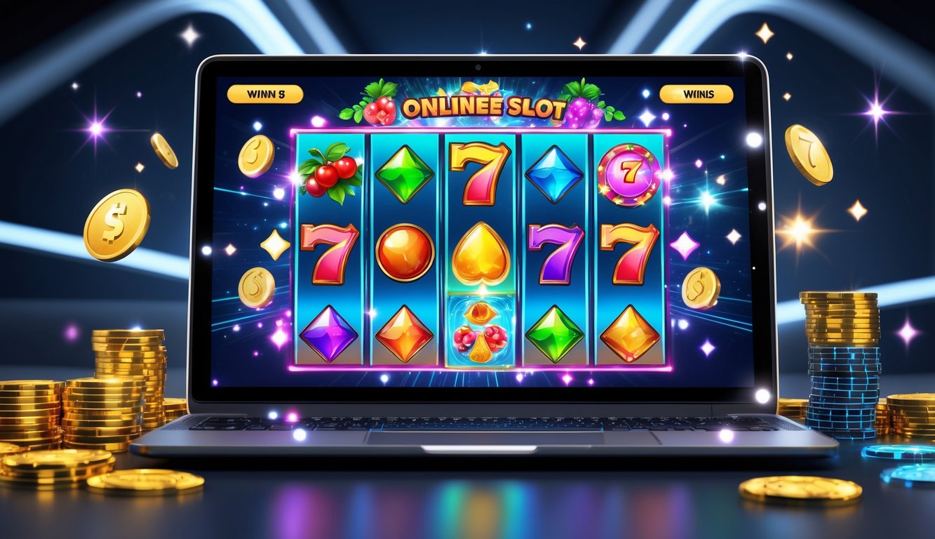 Seorang pemain sedang menikmati permainan slot online di laptop dengan tampilan layar penuh warna dan simbol keberuntungan.