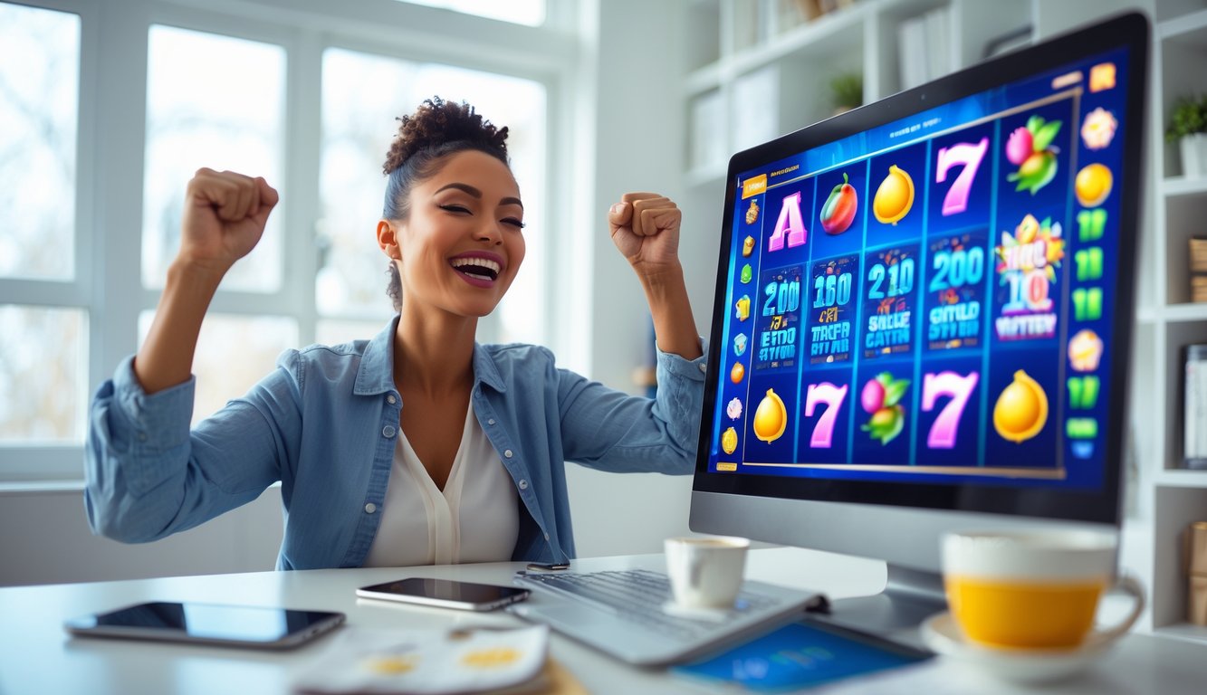 Seseorang yang tampak percaya diri merayakan kemenangan besar saat bermain permainan slot online di laptop di sebuah ruangan modern.