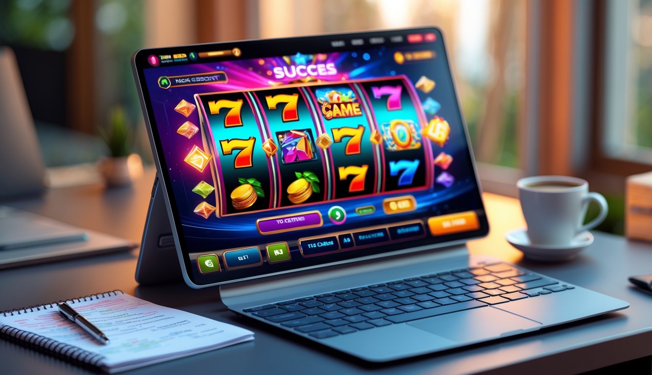 Seorang pemain menggunakan komputer dengan permainan slot online di layar, dikelilingi catatan strategi dan cangkir kopi di meja yang rapi.