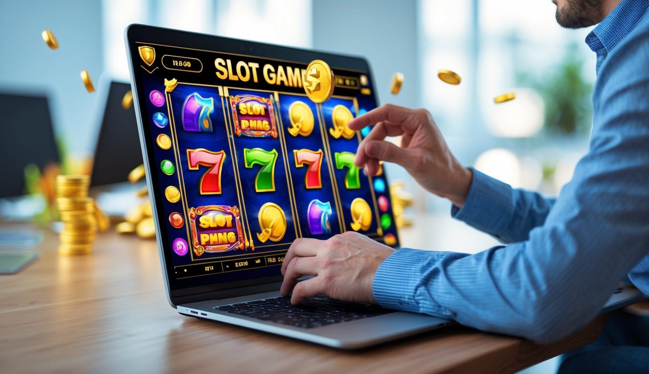Seseorang menggunakan komputer dengan tampilan mesin slot berwarna-warni di layar dalam ruangan yang rapi dan terang.