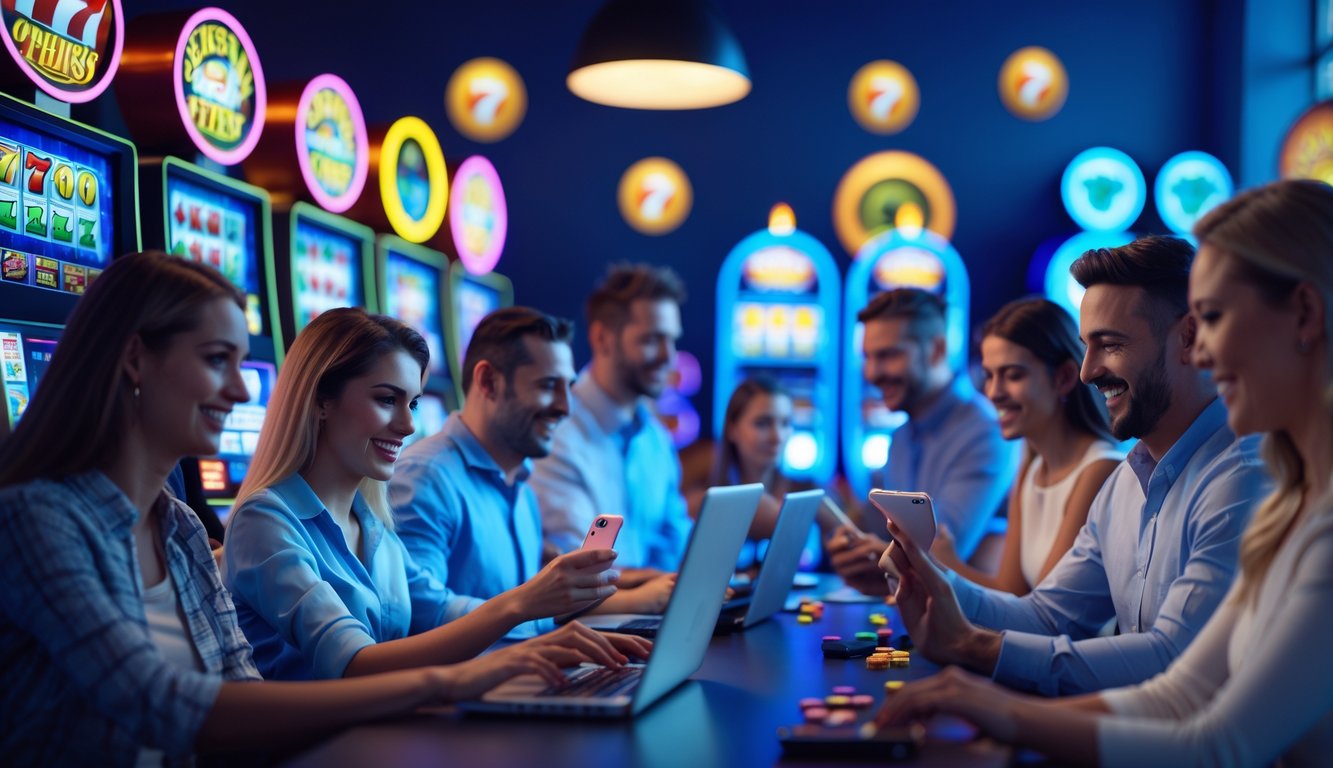 Orang-orang menggunakan laptop dan ponsel untuk bermain mesin slot online di ruangan yang terang dan nyaman.