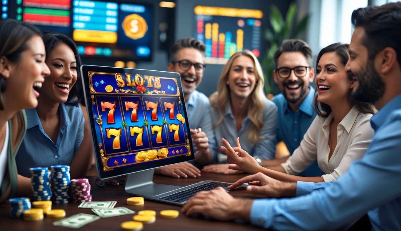 Beberapa orang dewasa bermain mesin slot online di depan komputer dengan ekspresi senang dan antusias di ruangan yang terang.