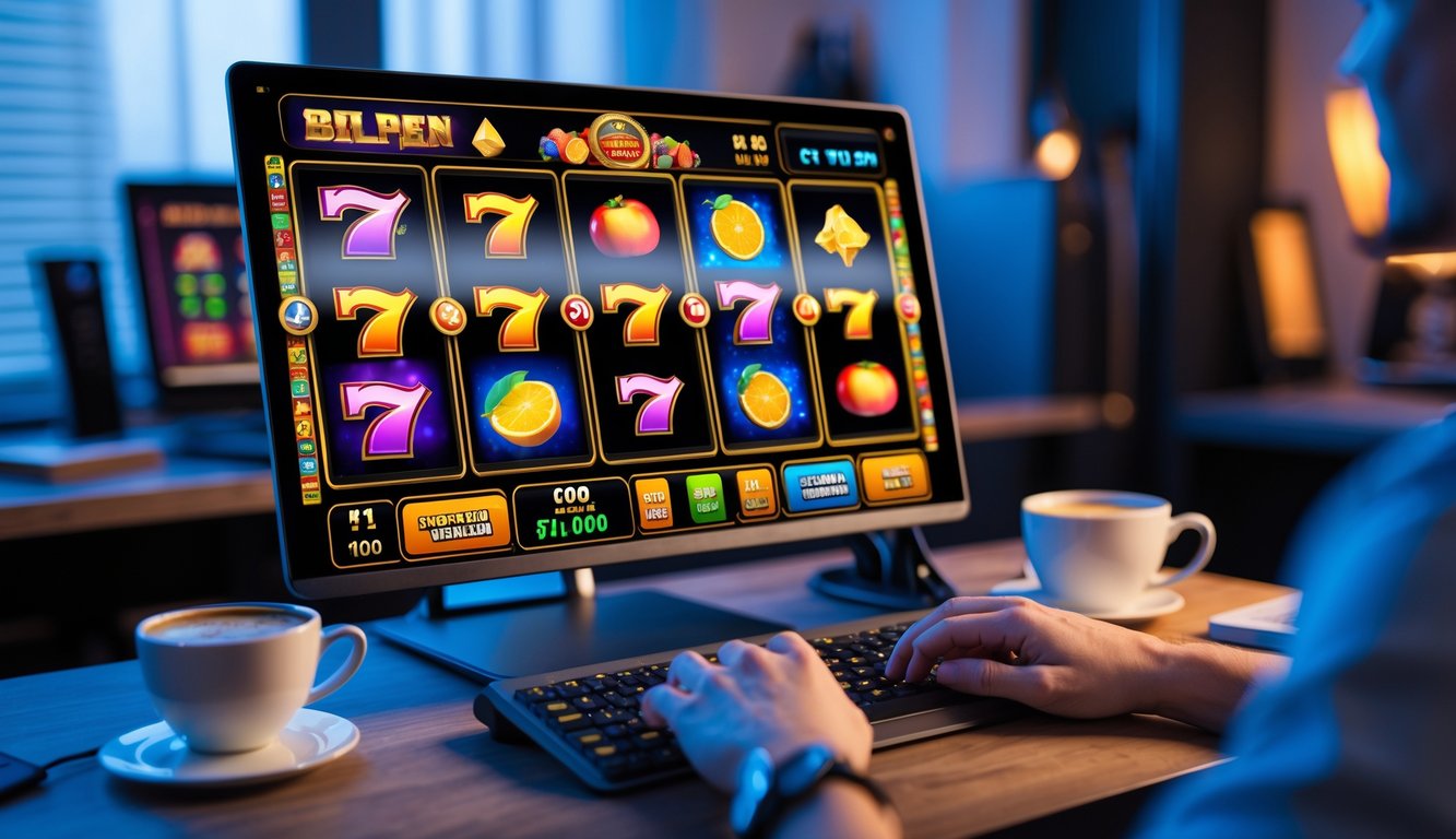 Seseorang bermain mesin slot online di komputer dengan latar ruang kerja yang rapi dan pencahayaan hangat.