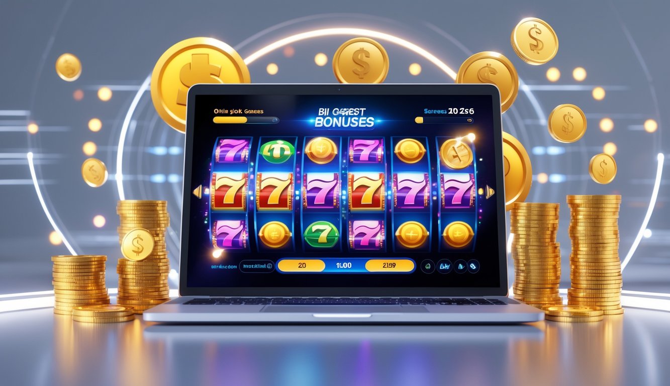 Seorang pengguna sedang bermain permainan slot online di layar komputer dengan latar belakang modern dan elemen visual yang menunjukkan bonus besar dan peluang jackpot tinggi.