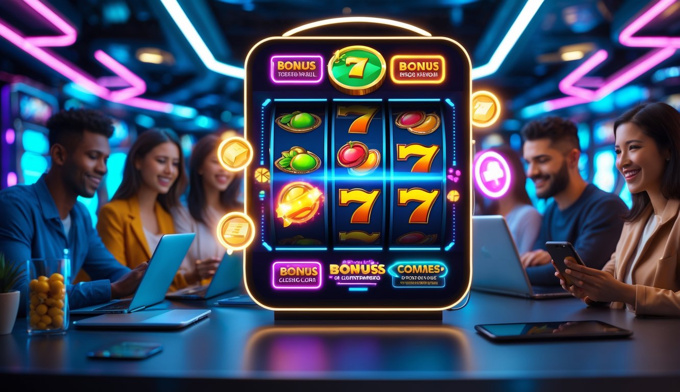 Seorang pemain menggunakan perangkat digital untuk bermain mesin slot online dengan layar menampilkan simbol-simbol slot berwarna cerah dan latar belakang suasana kasino modern.