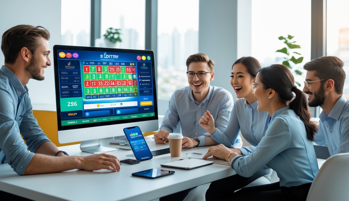 Beberapa orang muda sedang bekerja bersama di meja dengan komputer yang menampilkan antarmuka permainan lotere online, terlihat fokus dan antusias.