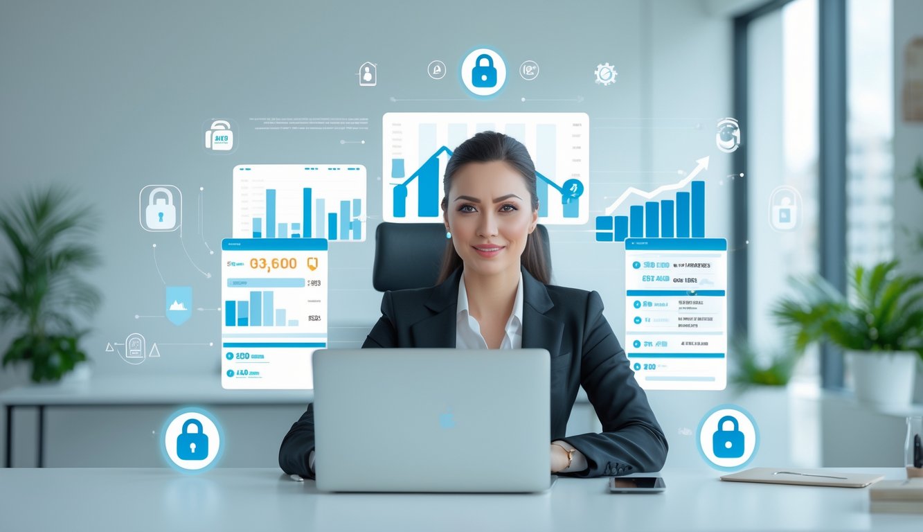 Seorang wanita profesional duduk di meja kantor menggunakan laptop dengan grafik keuangan di layar, dikelilingi simbol keamanan dan pembayaran cepat.