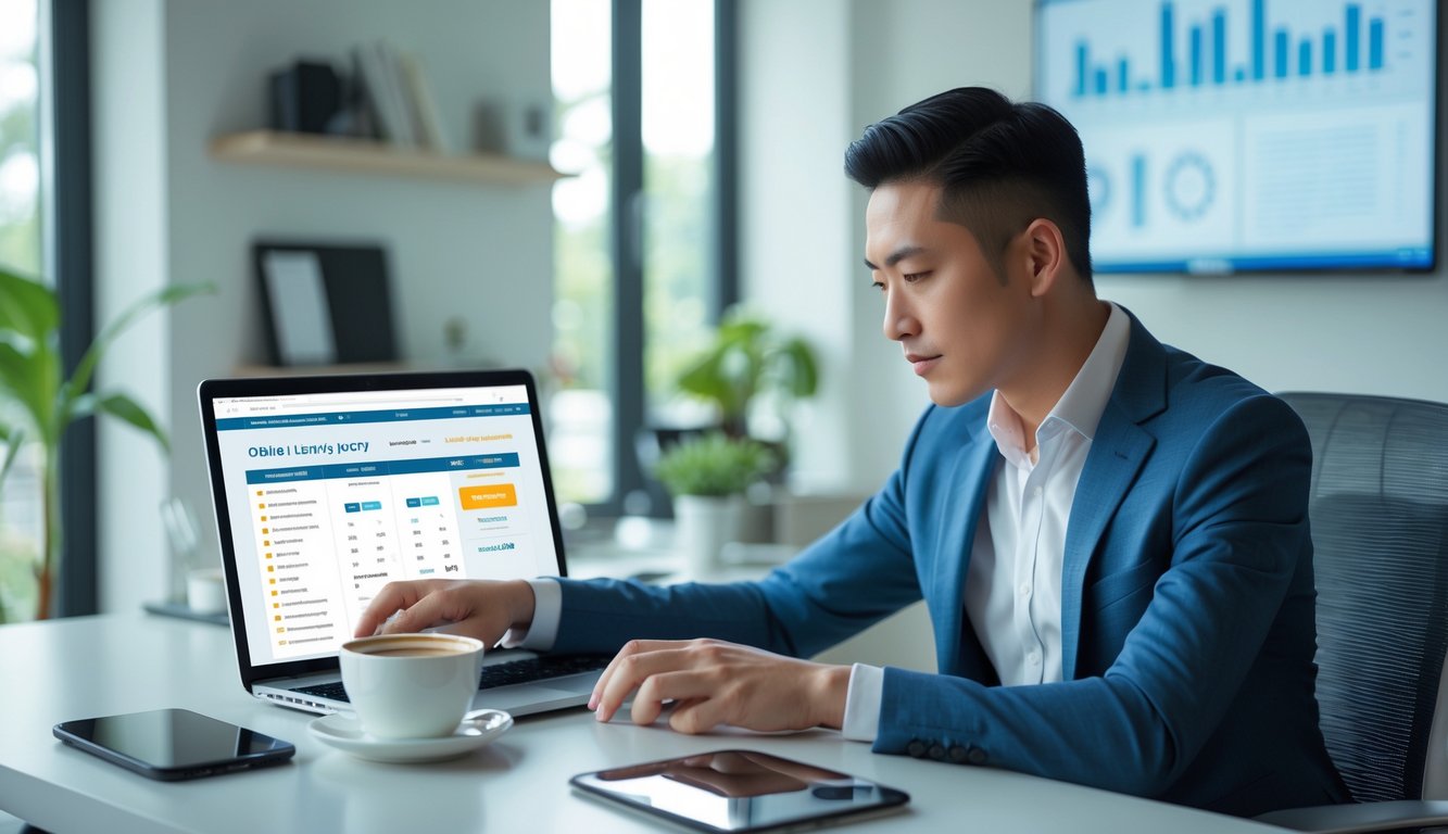 Seseorang duduk di meja kerja menggunakan laptop dengan tampilan situs togel online, di ruang kerja yang rapi dan terang.