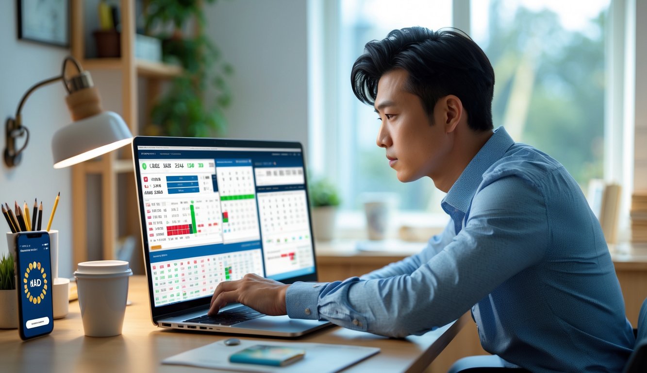 Seorang pria muda fokus menggunakan laptop di meja kerja dengan layar menampilkan data togel online.