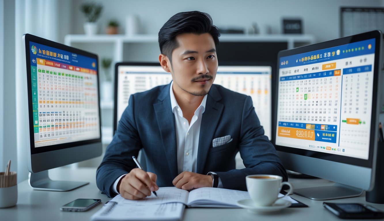 Seorang pria Asia duduk di meja dengan beberapa layar komputer menampilkan angka lotre dan grafik, sedang menganalisis data dengan serius di ruang kerja modern.