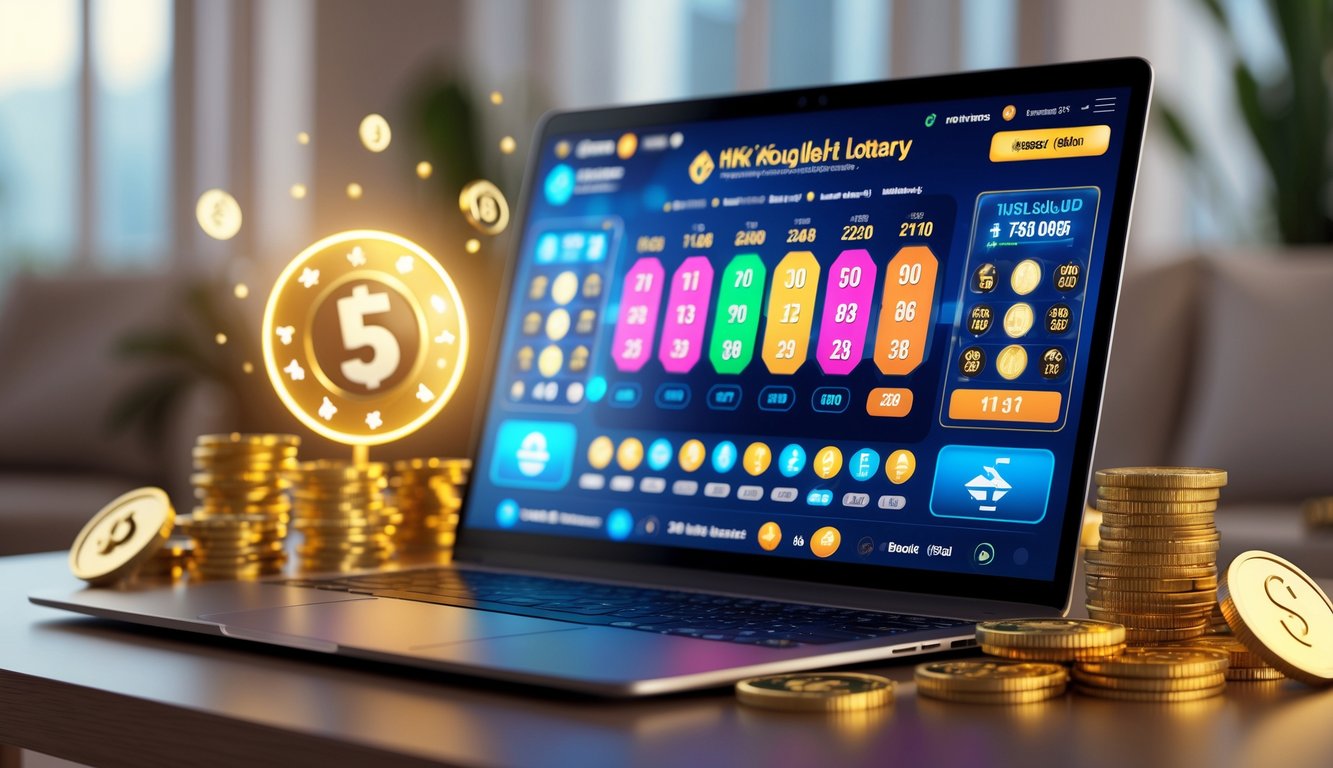 Seorang pria menggunakan laptop dengan layar menampilkan antarmuka lotere online, dikelilingi oleh koin emas dan bola lotere, di sebuah ruangan dengan pencahayaan hangat.