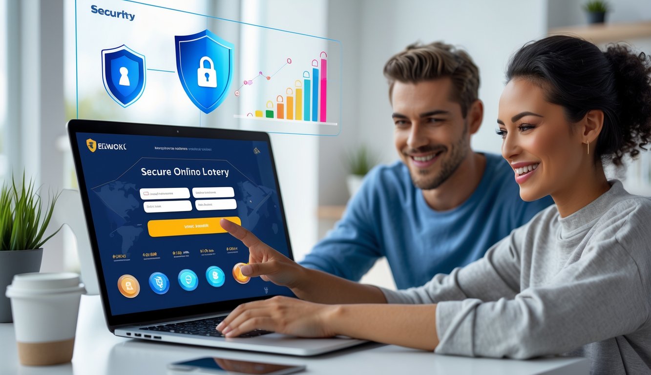 Dua orang muda duduk bersama di depan laptop yang menampilkan platform lotere online dengan suasana yang cerah dan nyaman.