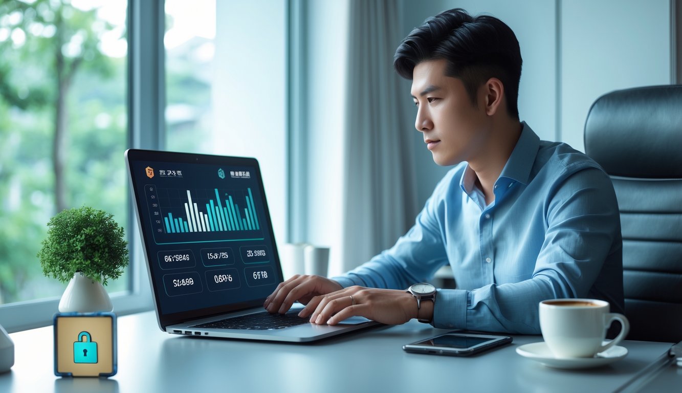 Seorang pria muda Asia duduk di meja kerja dengan laptop, melihat grafik dan statistik di layar, di ruang kantor rumah yang terang dan rapi.