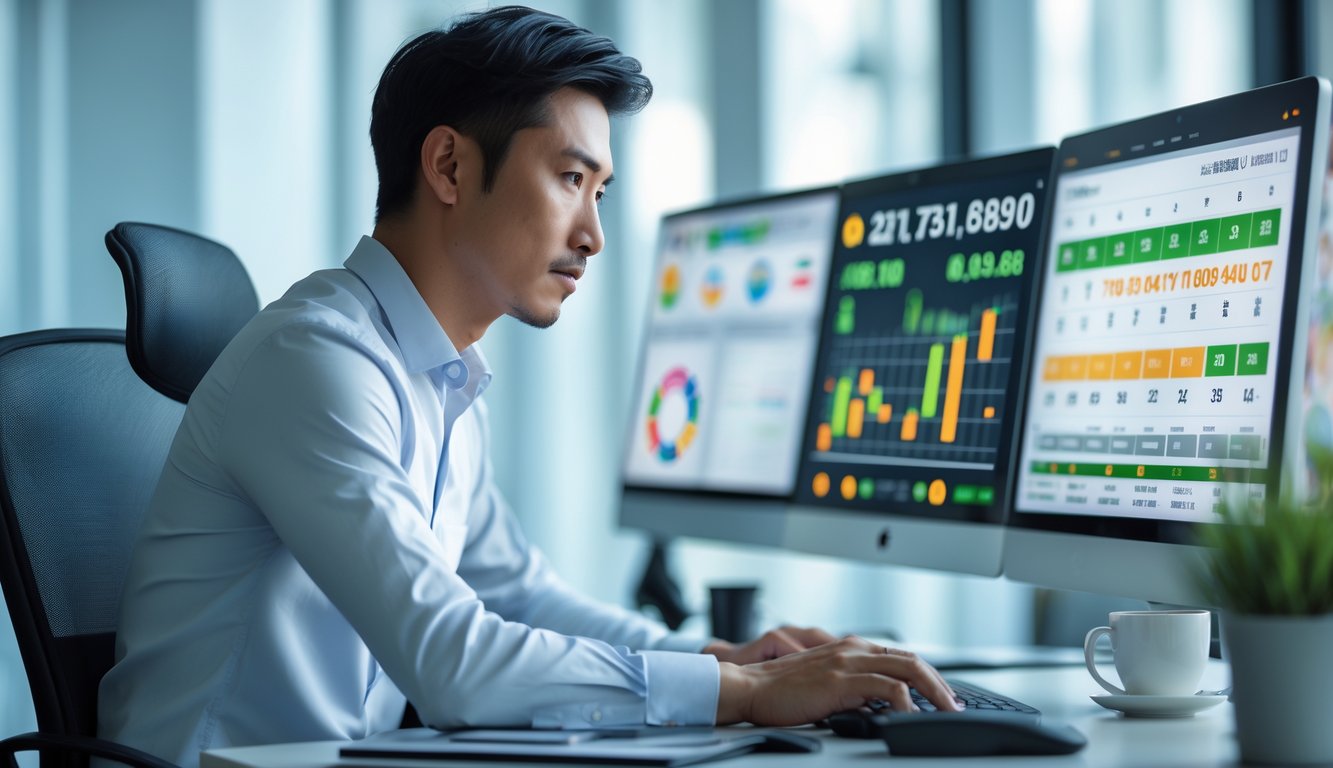 Seorang pria Asia duduk di meja kantor modern sambil menganalisis data di beberapa layar komputer dengan grafik dan angka terkait lotere online.