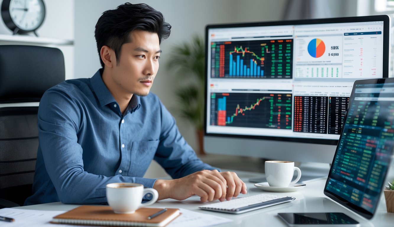 Seorang pria muda fokus duduk di meja kerja modern dengan beberapa layar komputer yang menampilkan data dan grafik, sedang menganalisis strategi togel online.