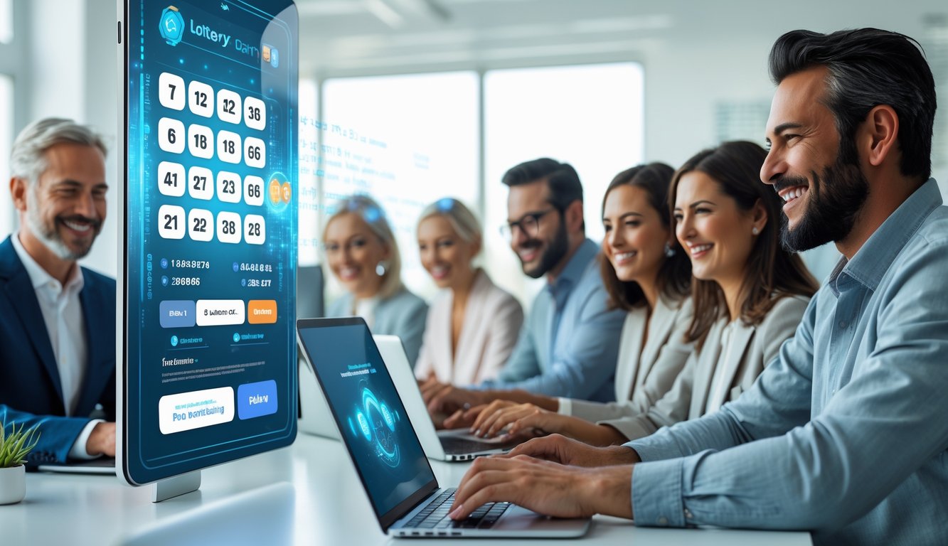 Orang-orang menggunakan perangkat digital di ruang kantor modern yang cerah, menikmati permainan togel online dengan suasana aman dan menyenangkan.
