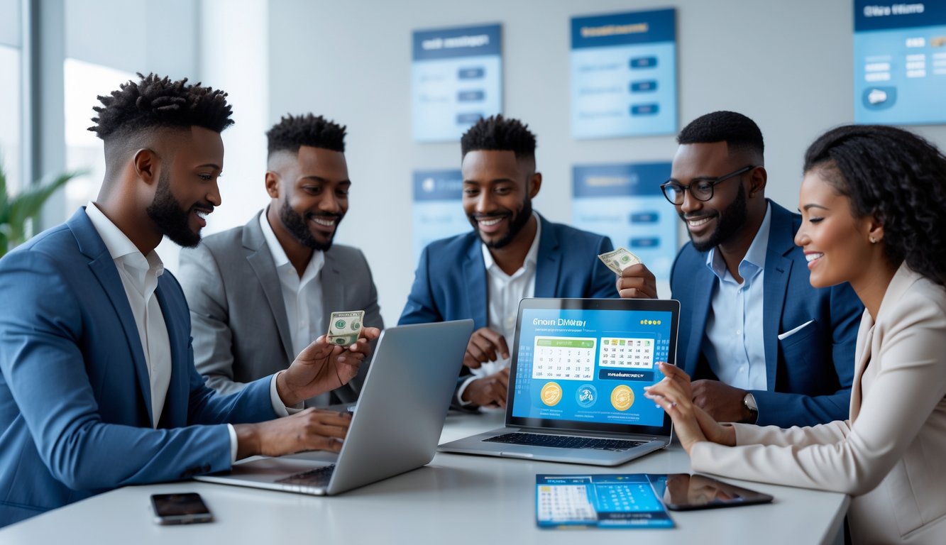 Sekelompok orang menggunakan perangkat digital di kantor modern untuk bermain togel online dengan suasana aman dan profesional.