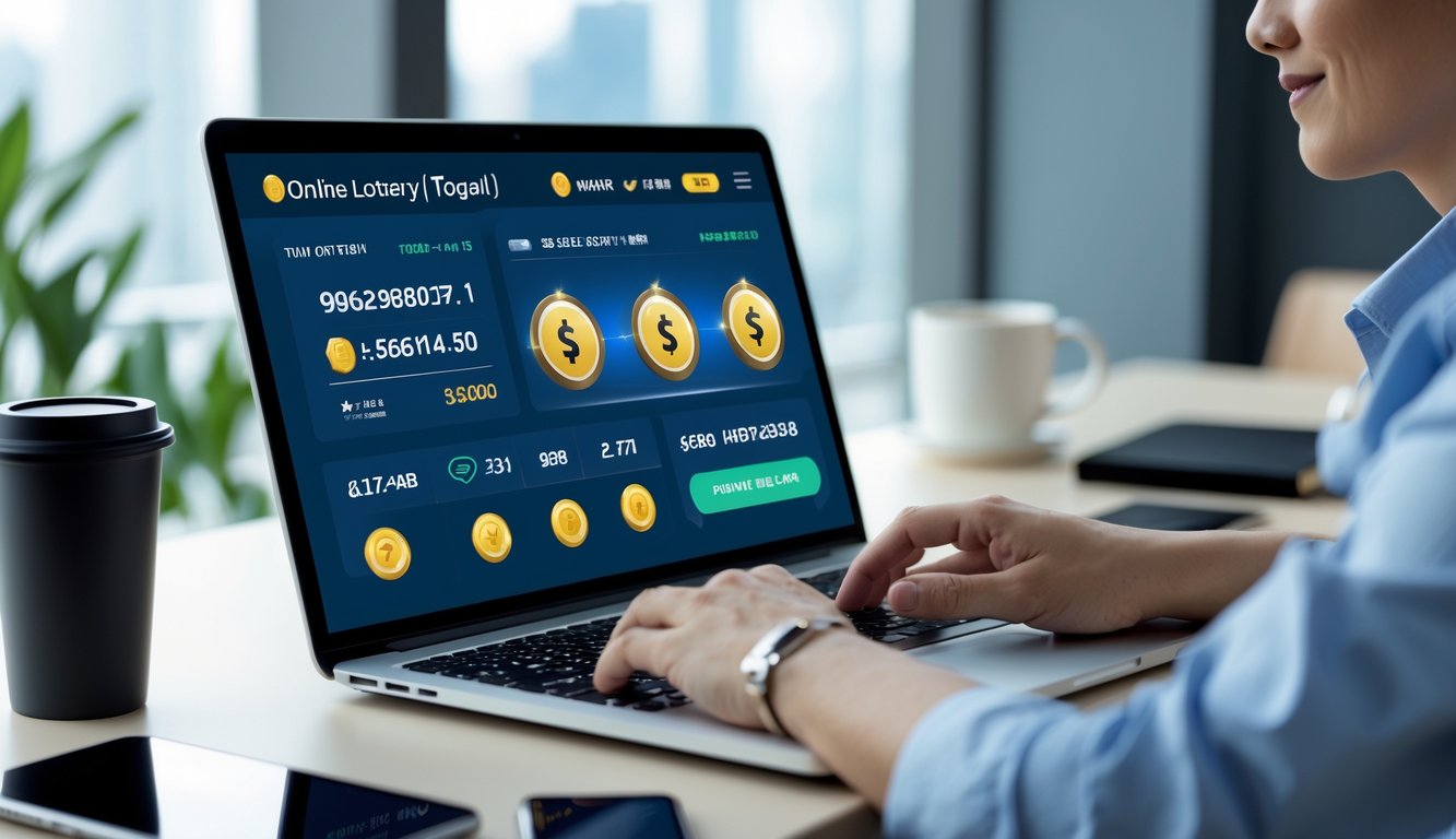 Seorang profesional menggunakan laptop di meja kerja modern dengan tampilan situs togel online dan simbol keamanan di layar.